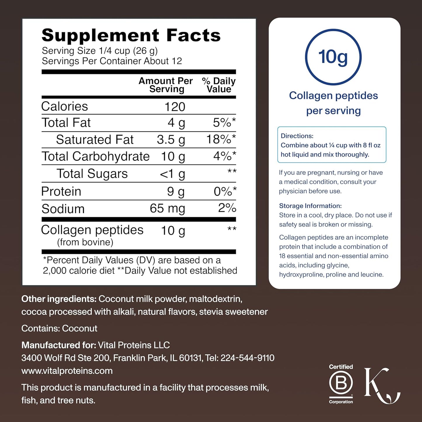 Vital Proteins Coconut Milk Collagen Coffee Creamer Powder - Mocha Flavor - Low Sugar Supplement with Collagen Peptides and MCTs for Hair, Skin, Nails - 11.2oz