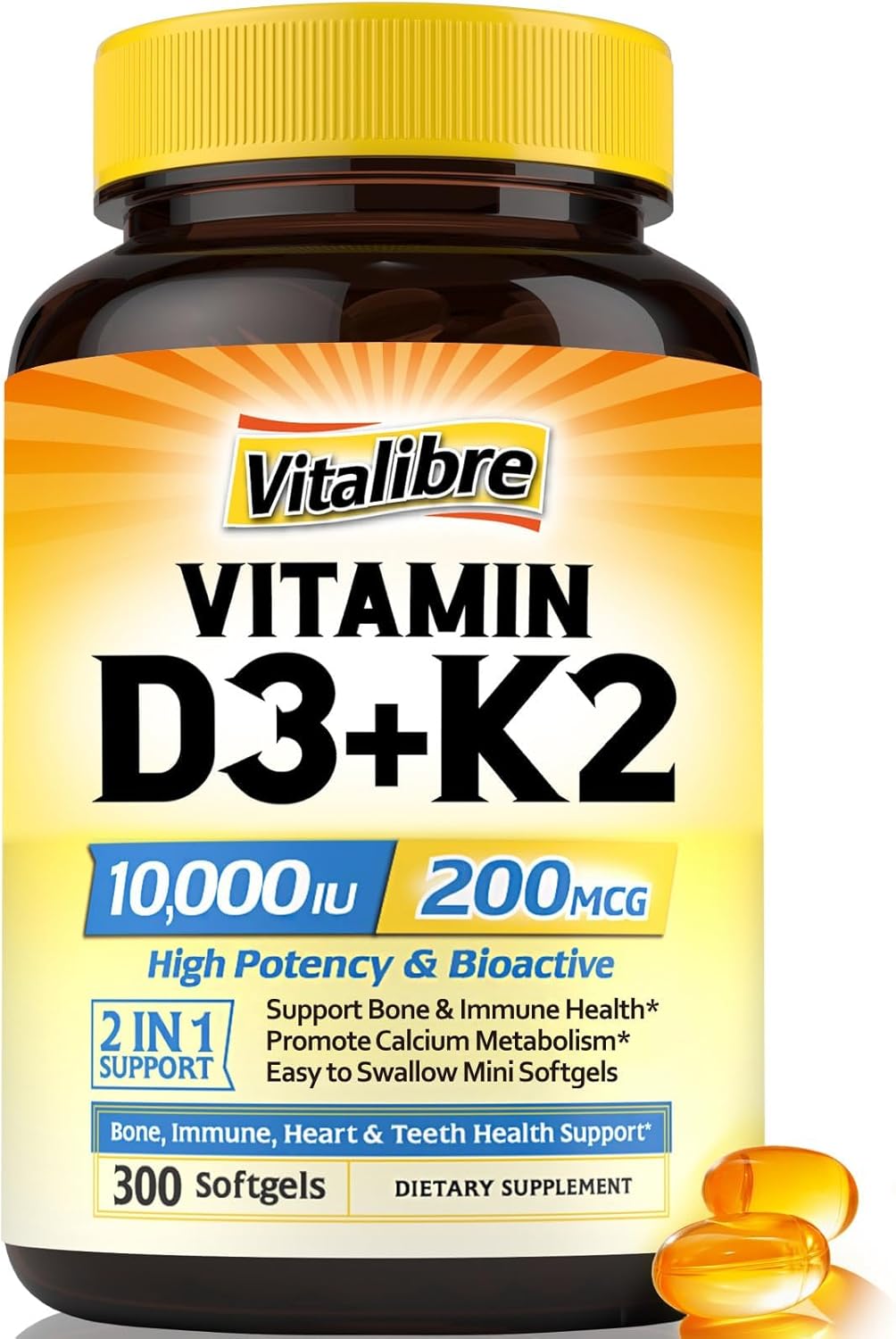 Vitalibre Vitamin D3 K2 10000 IU / 200 mcg Supplement, Non-GMO, 300 Softgels, Easy to Swallow
