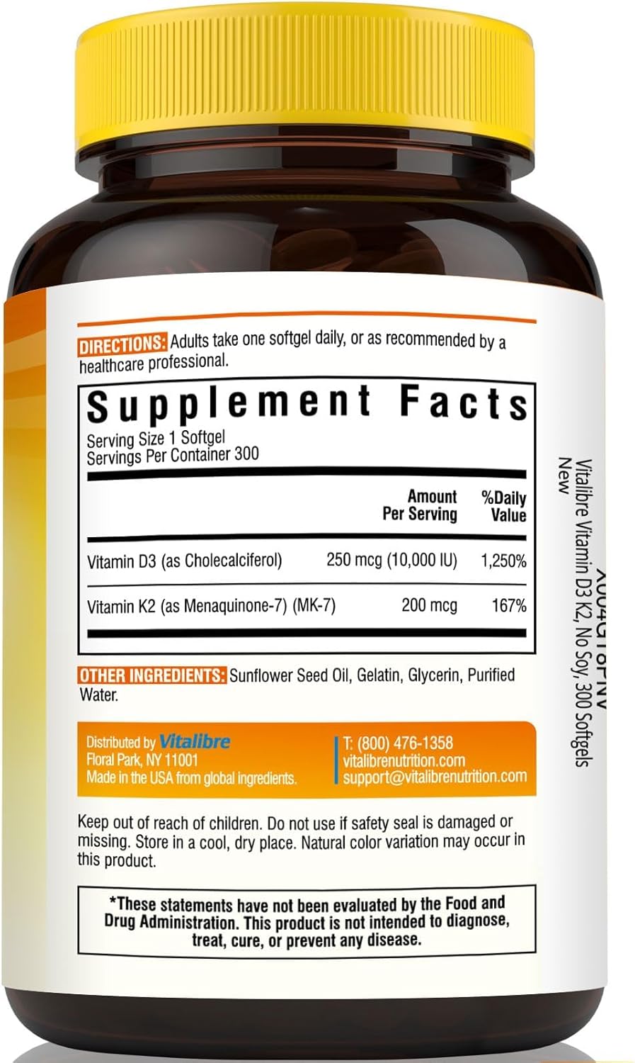 Vitalibre Vitamin D3 K2 10000 IU / 200 mcg Supplement, Non-GMO, 300 Softgels, Easy to Swallow