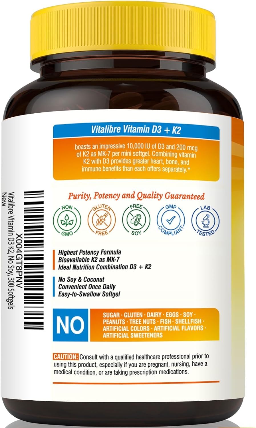 Vitalibre Vitamin D3 K2 10000 IU / 200 mcg Supplement, Non-GMO, 300 Softgels, Easy to Swallow
