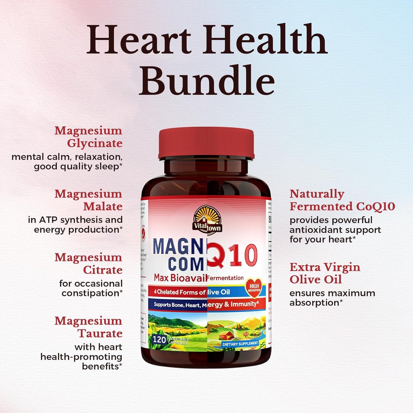 Vitalitown Heart Health Bundle: Magnesium 4-in-1 Complex and CoQ10 100 MG - 240 Capsules for Heart Support