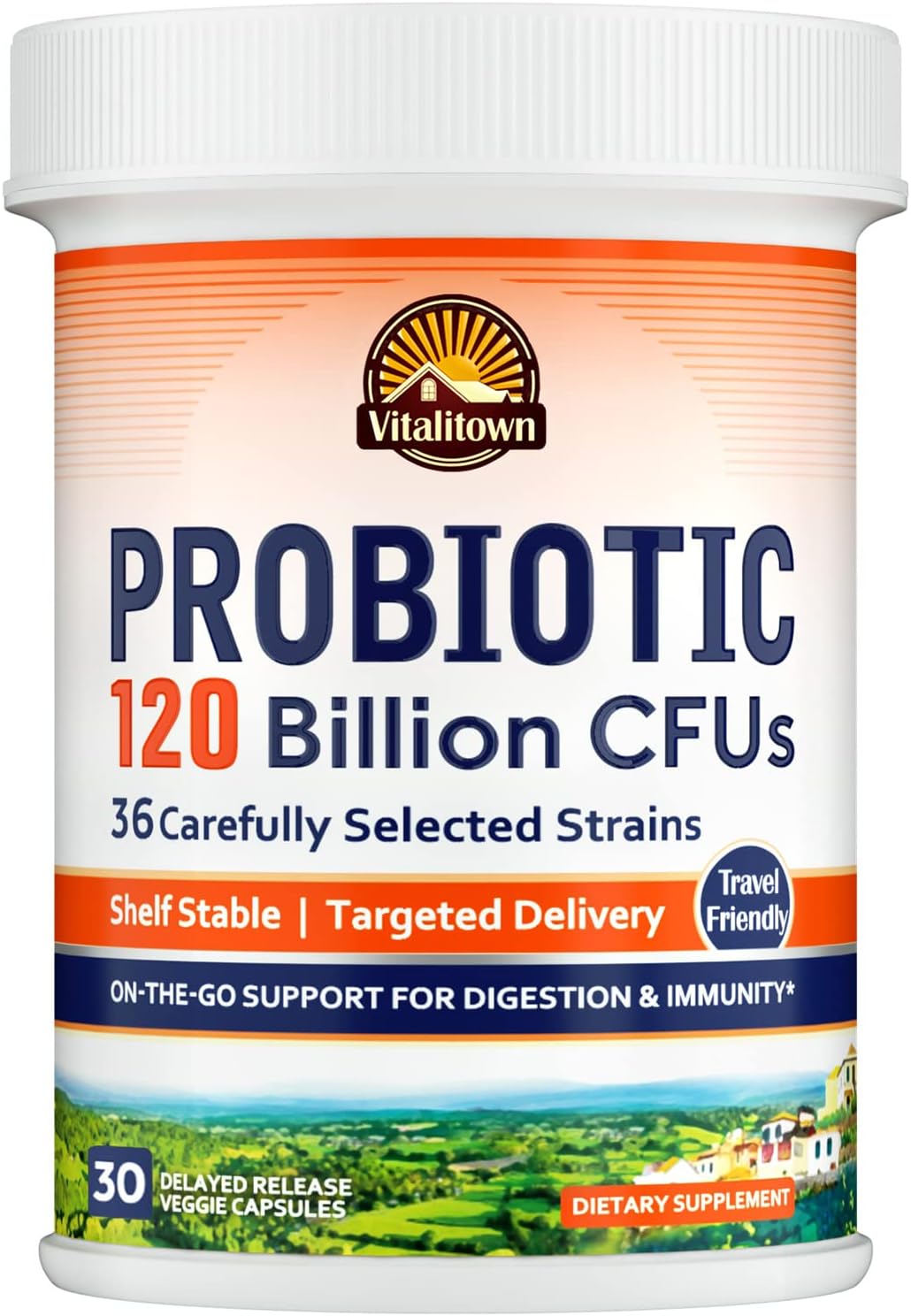 Vitalitown Probiotics: 120 Billion CFUs, 36 Strains, Prebiotics, Digestive Enzymes - On The Go Support