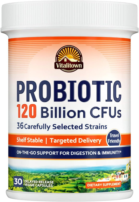 Vitalitown Probiotics: 120 Billion CFUs, 36 Strains, Prebiotics, Digestive Enzymes - On The Go Support
