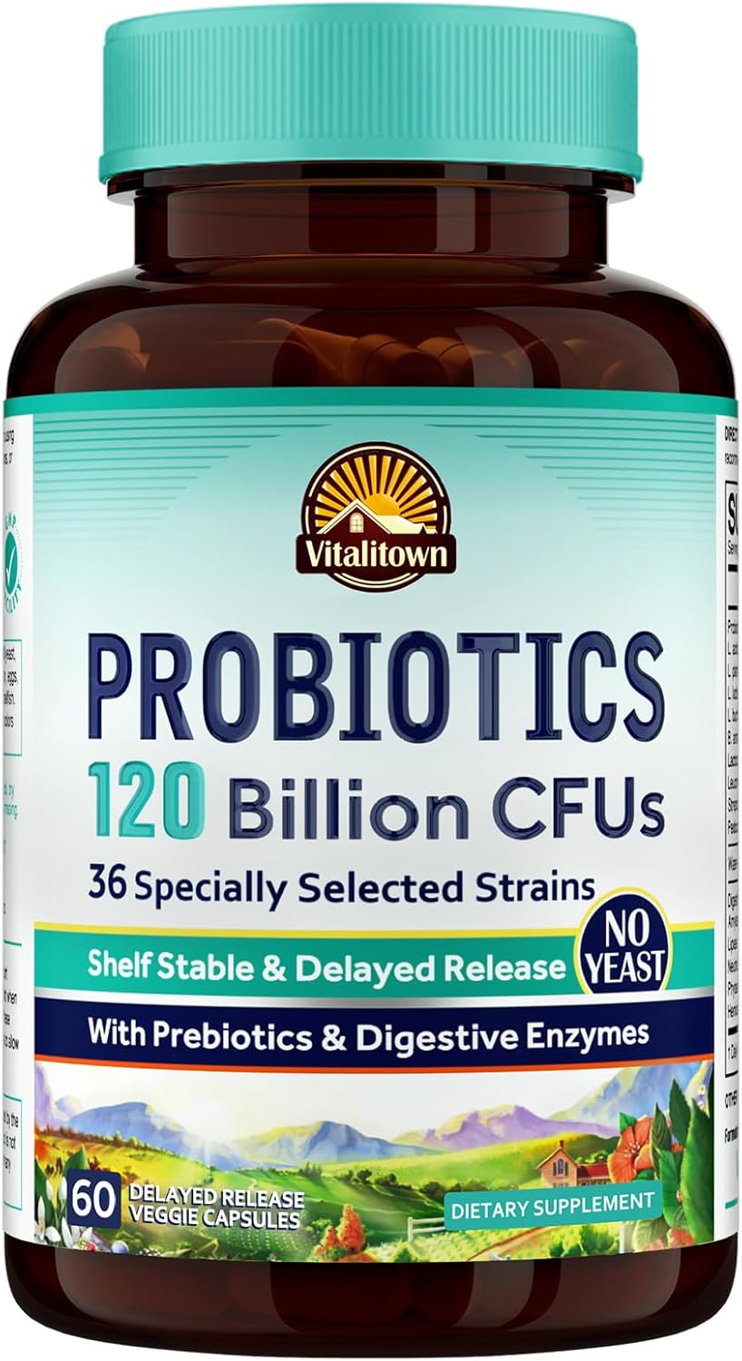 Vitalitown Probiotics 120 Billion CFUs 36 Strains with Prebiotics & Enzymes Shelf Stable Vegan Non-GMO Immune Support 60 Veg Caps