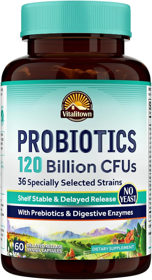 Vitalitown Probiotics 120 Billion CFUs 36 Strains with Prebiotics & Enzymes Shelf Stable Vegan Non-GMO Immune Support 60 Veg Caps