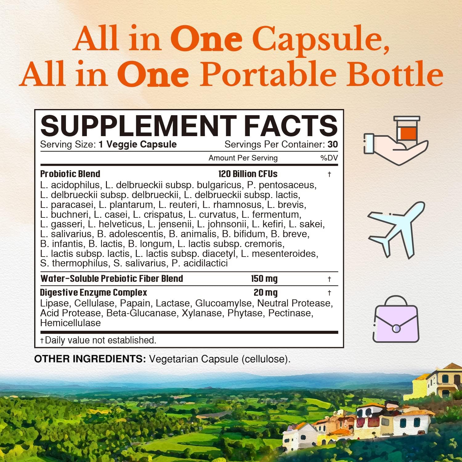 Vitalitown Probiotics: 120 Billion CFUs, 36 Strains, Prebiotics, Digestive Enzymes - On The Go Support