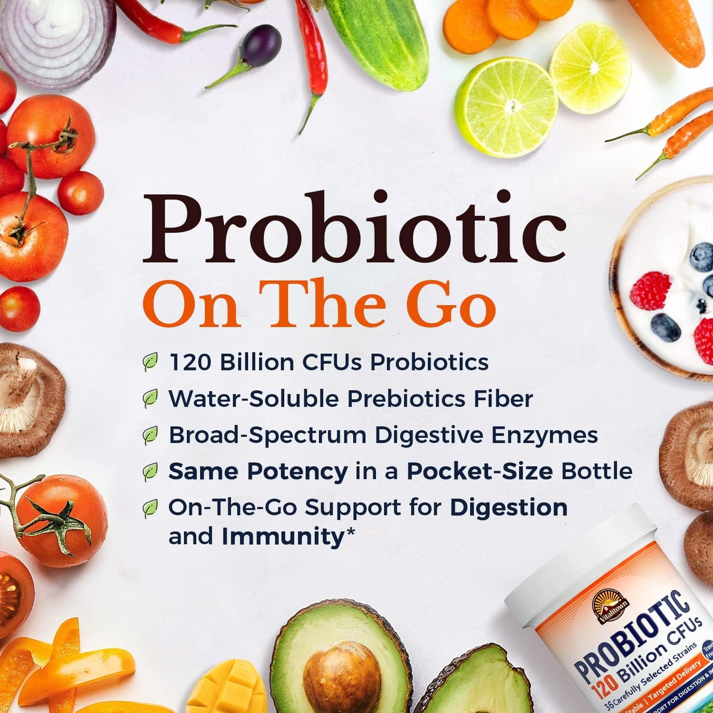 Vitalitown Probiotics: 120 Billion CFUs, 36 Strains, Prebiotics, Digestive Enzymes - On The Go Support