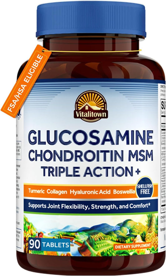 Vitalitown Triple Action+ Joint Formula with Collagen, Turmeric, and Hyaluronic Acid - 90 Tablets, Shellfish-Free