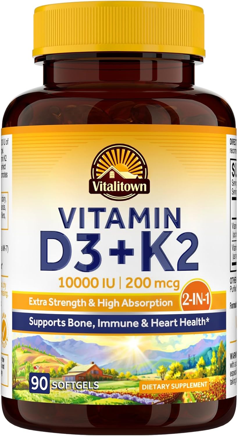 Vitalitown Vitamin D3 K2 Supplement - 10000 IU D3, 200 mcg K2 (MK7) - 90 Softgels for Bone, Teeth, Immune, Heart & Muscle Health - Non-GMO, Gluten & Soy Free