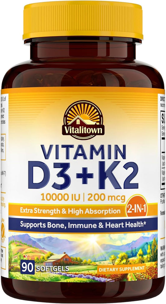 Vitalitown Vitamin D3 K2 Supplement - 10000 IU D3, 200 mcg K2 (MK7) - 90 Softgels for Bone, Teeth, Immune, Heart & Muscle Health - Non-GMO, Gluten & Soy Free