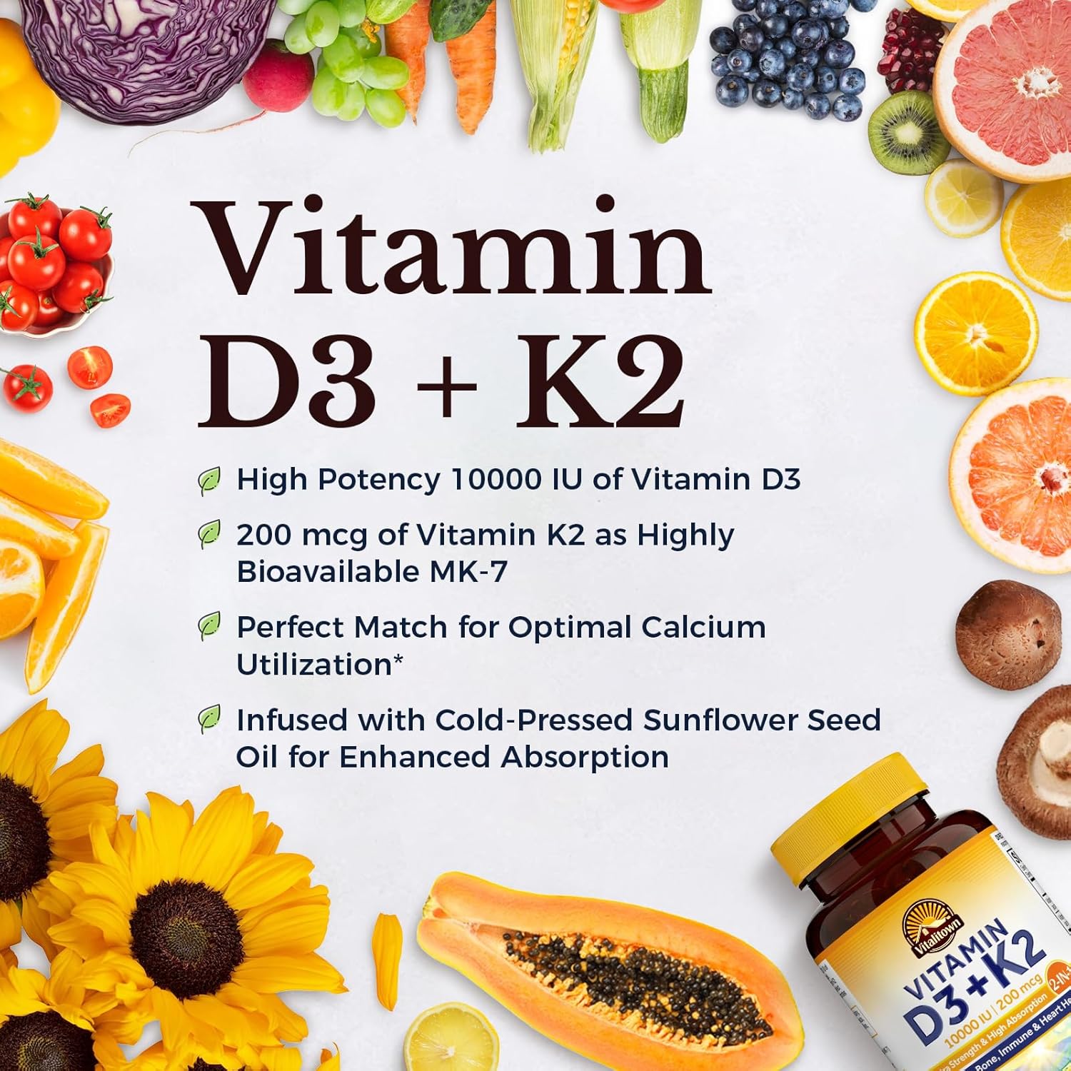 Vitalitown Vitamin D3 K2 Supplement - 10000 IU D3, 200 mcg K2 (MK7) - 90 Softgels for Bone, Teeth, Immune, Heart & Muscle Health - Non-GMO, Gluten & Soy Free