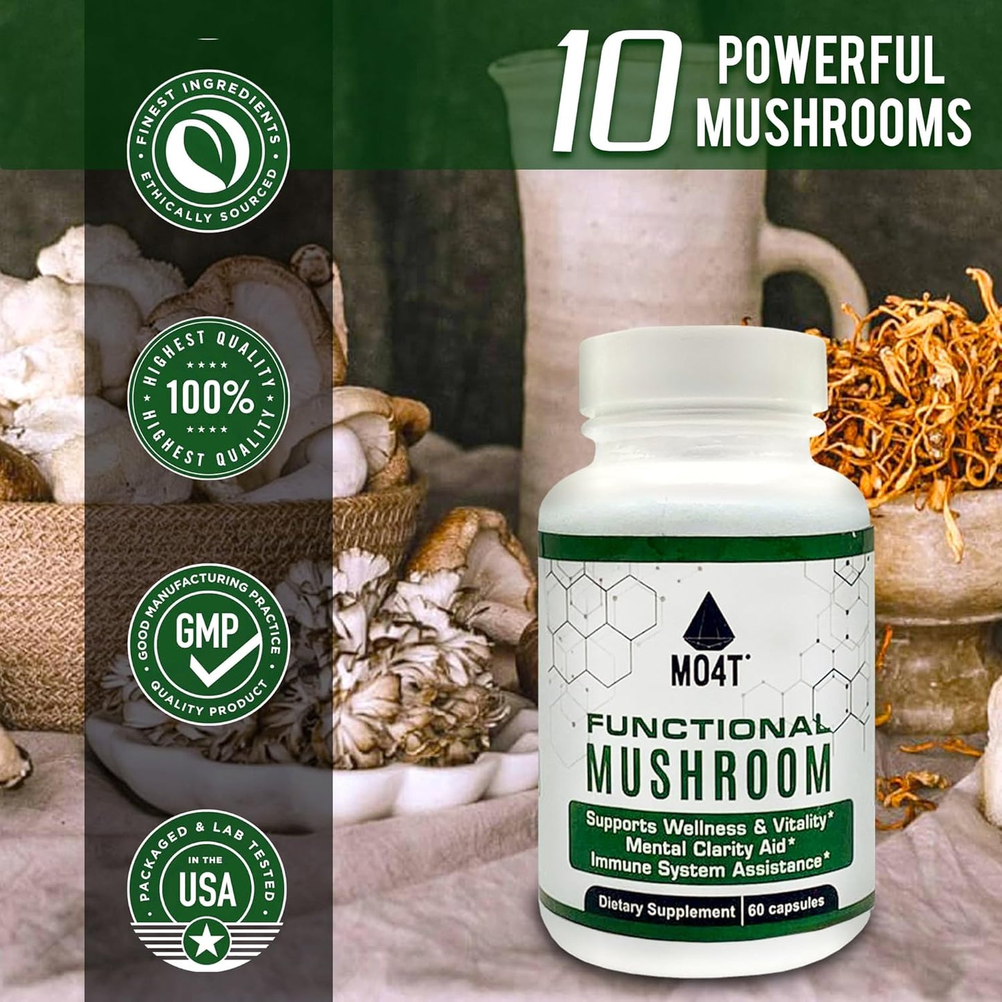 Vitality and Immune Support with MO4T Functional Mushroom Blend - 60 Capsules