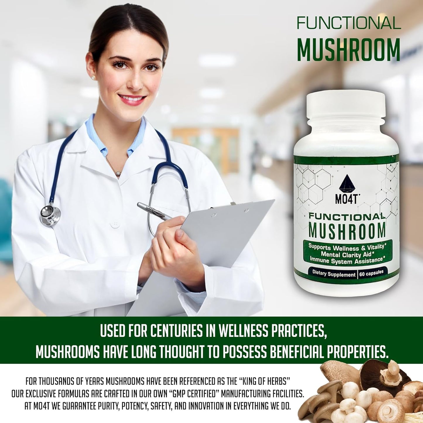 Vitality and Immune Support with MO4T Functional Mushroom Blend - 60 Capsules