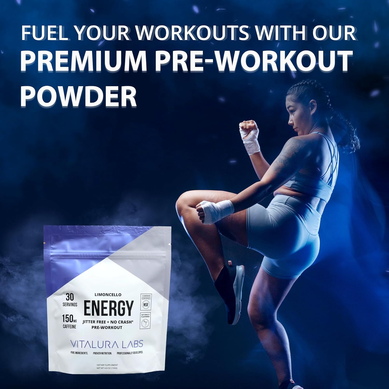 Vitalura Labs Limoncello Flavored Pre-Workout Powder with Caffeine, Theacrine, Rhodiola, L-Theanine - NSF Certified - 30 Servings