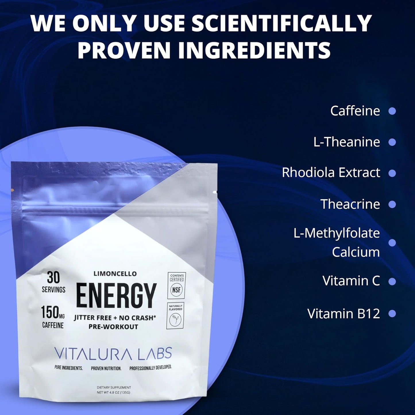 Vitalura Labs Limoncello Flavored Pre-Workout Powder with Caffeine, Theacrine, Rhodiola, L-Theanine - NSF Certified - 30 Servings