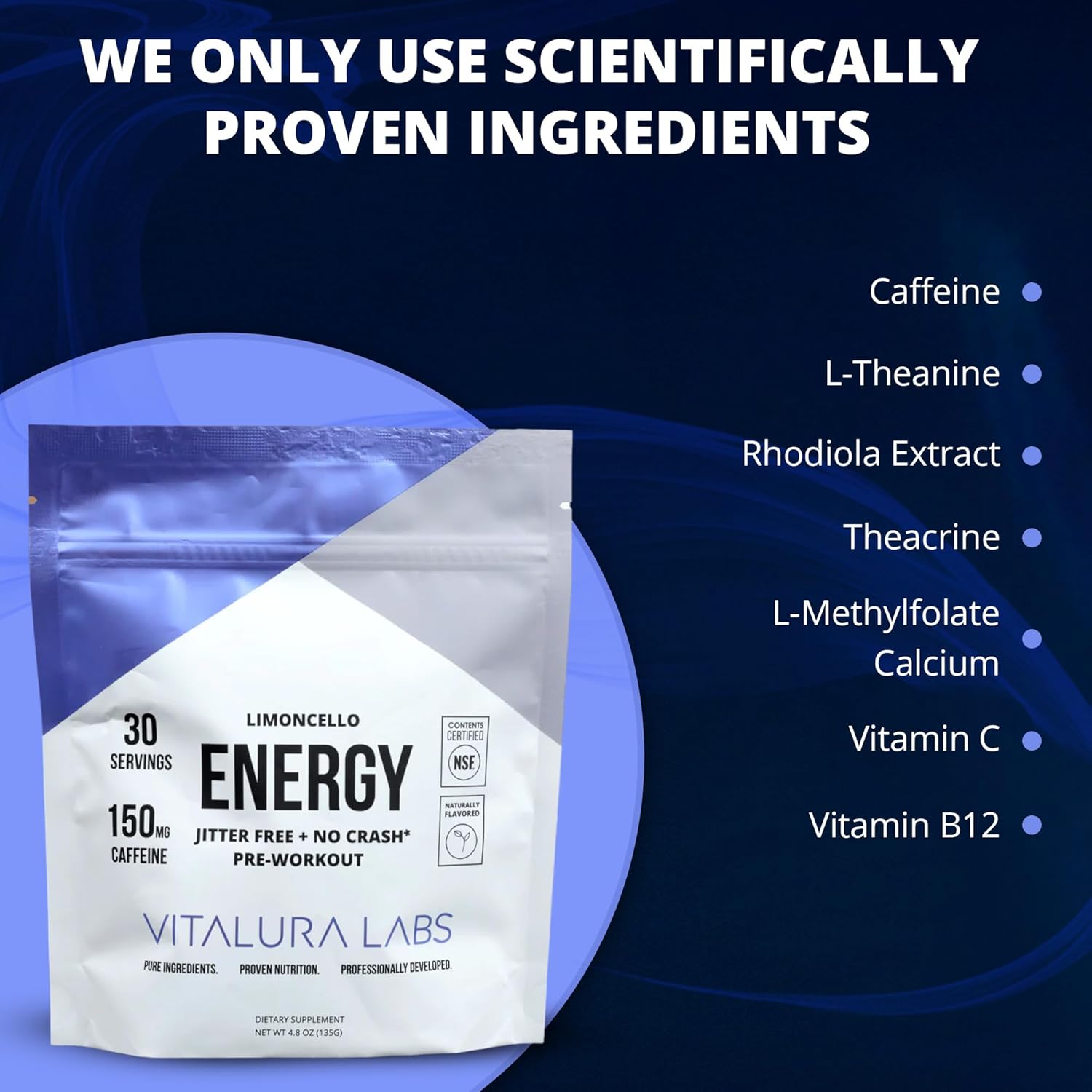 Vitalura Labs Limoncello Flavored Pre-Workout Powder with Caffeine, Theacrine, Rhodiola, L-Theanine - NSF Certified - 30 Servings