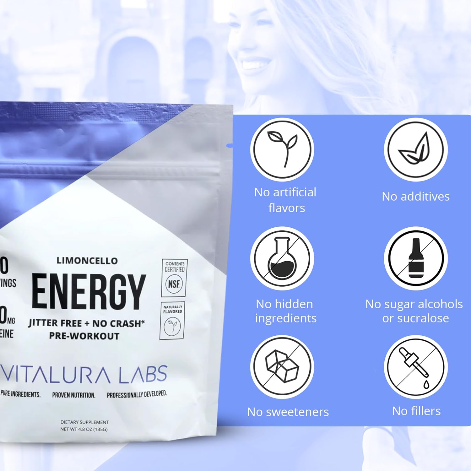 Vitalura Labs Limoncello Flavored Pre-Workout Powder with Caffeine, Theacrine, Rhodiola, L-Theanine - NSF Certified - 30 Servings