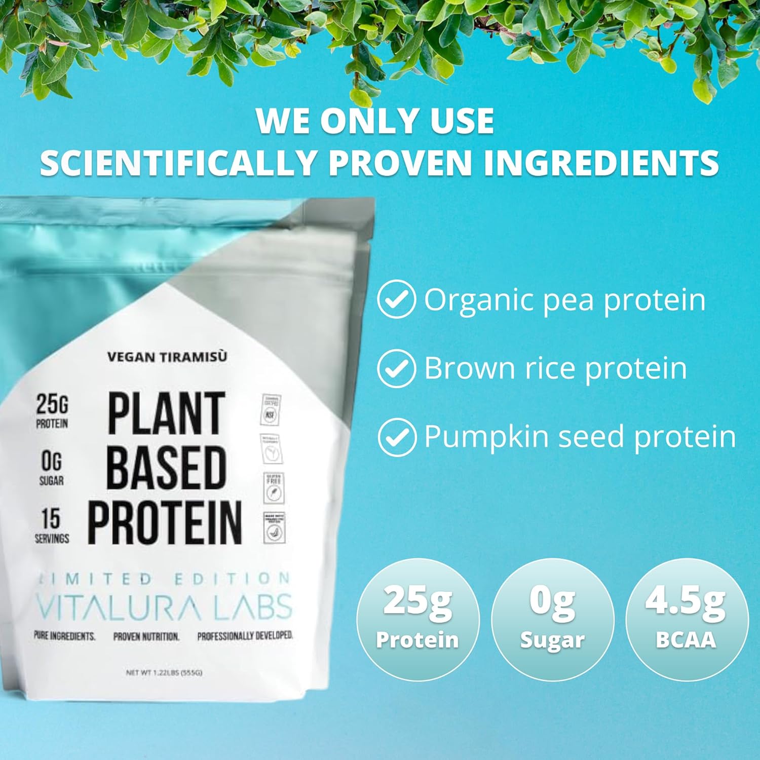 Vitalura Labs Vegan Plant-Based Protein Powder with Pea, Rice & Pumpkin - Tiramisu Flavor - 15 Servings - No Added Sugar