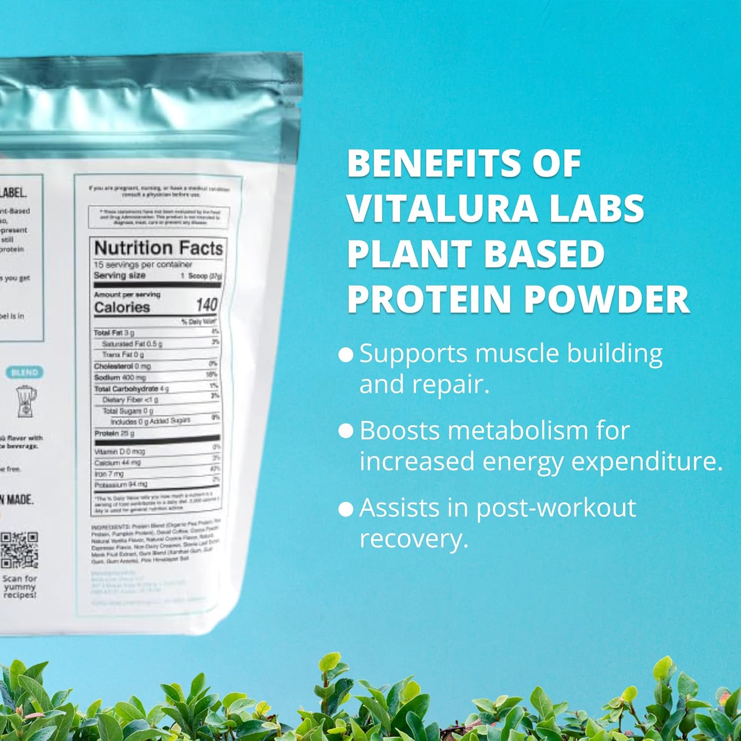 Vitalura Labs Vegan Plant-Based Protein Powder with Pea, Rice & Pumpkin - Tiramisu Flavor - 15 Servings - No Added Sugar