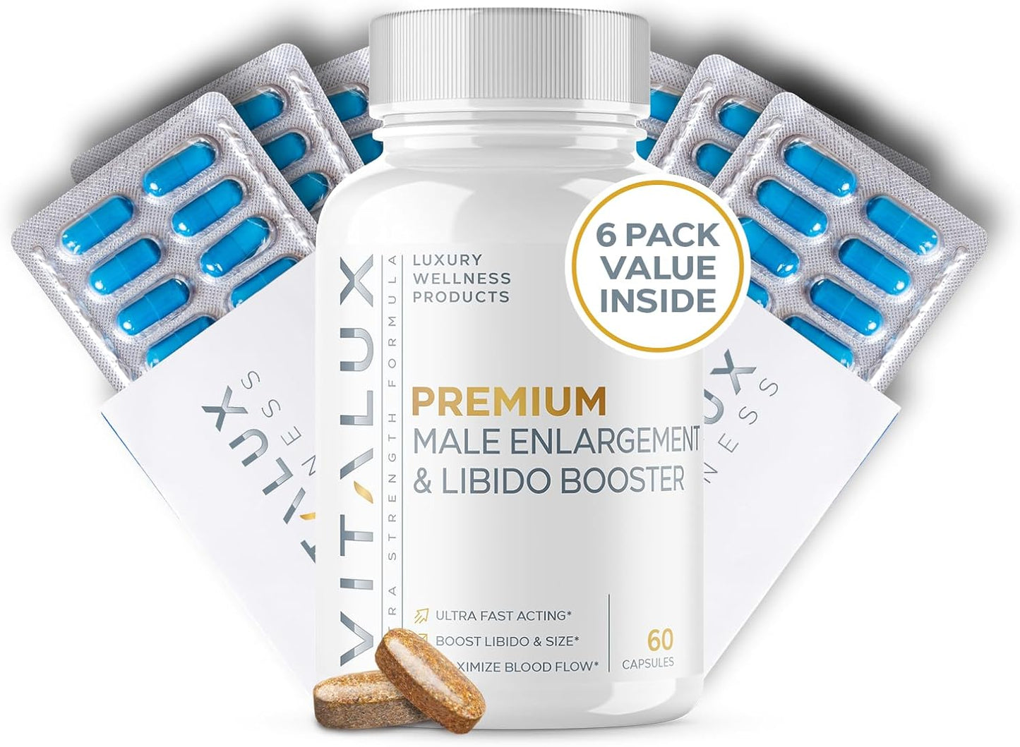 VITALUX Erection Support Supplement | Premium Libido Booster for Men | Fast-Acting Blood Flow & Size Enhancer | L-Arginine + 18 Ingredients | 60 Pills | USA Made