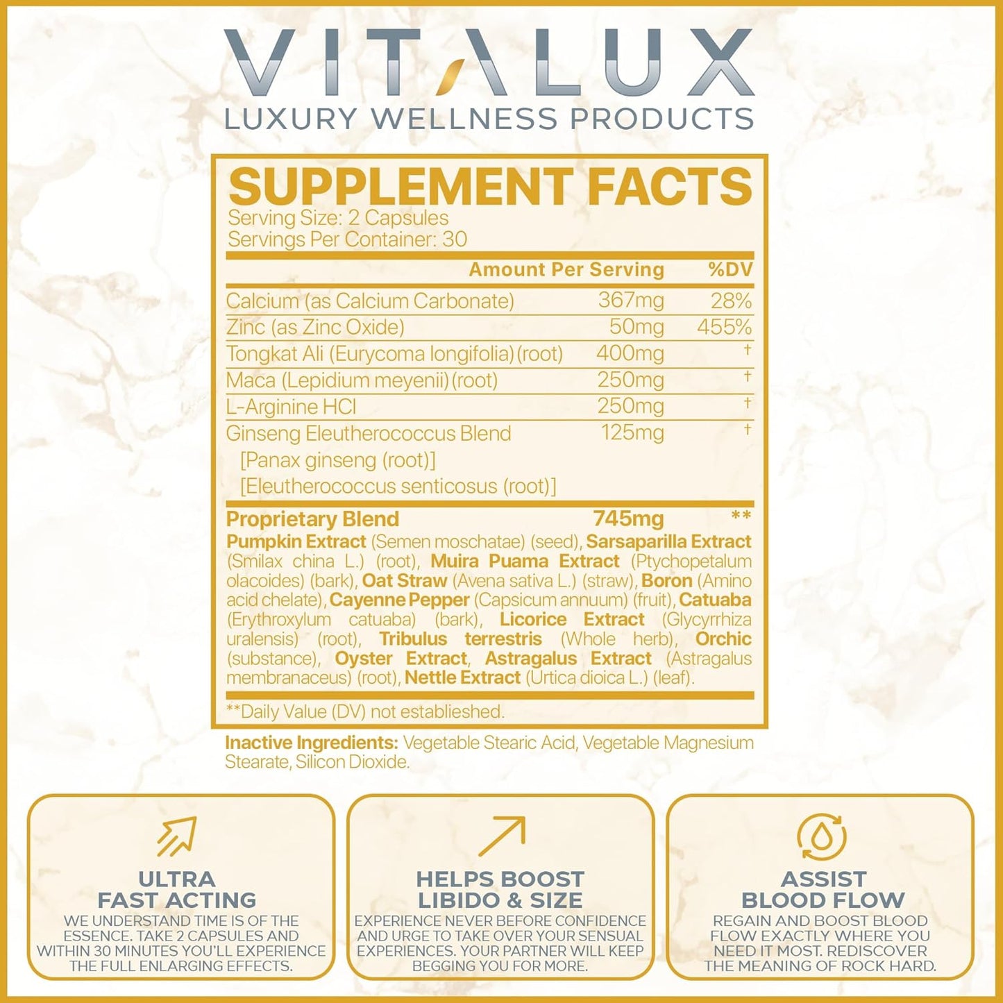VITALUX Erection Support Supplement | Premium Libido Booster for Men | Fast-Acting Blood Flow & Size Enhancer | L-Arginine + 18 Ingredients | 60 Pills | USA Made