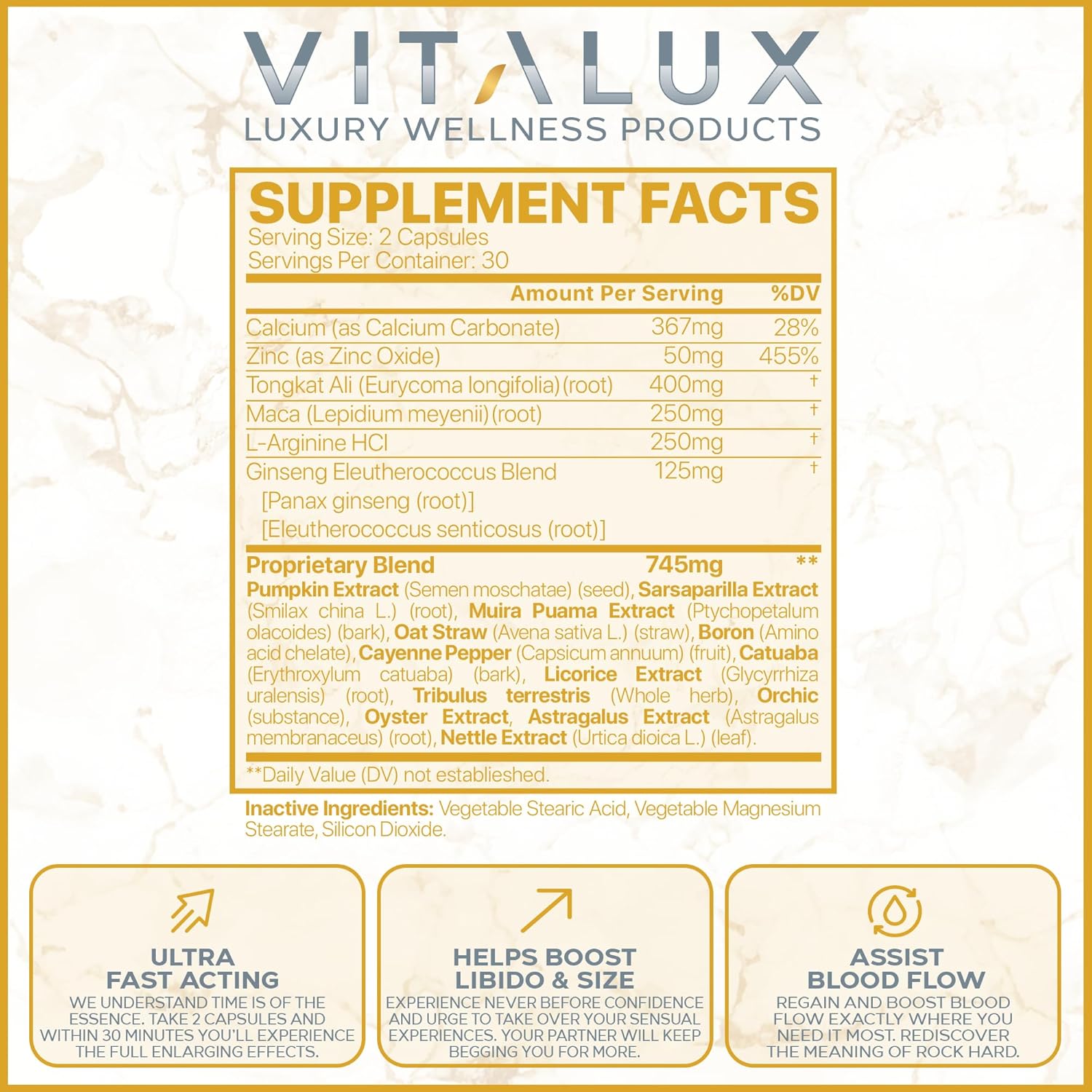 VITALUX Erection Support Supplement | Premium Libido Booster for Men | Fast-Acting Blood Flow & Size Enhancer | L-Arginine + 18 Ingredients | 60 Pills | USA Made