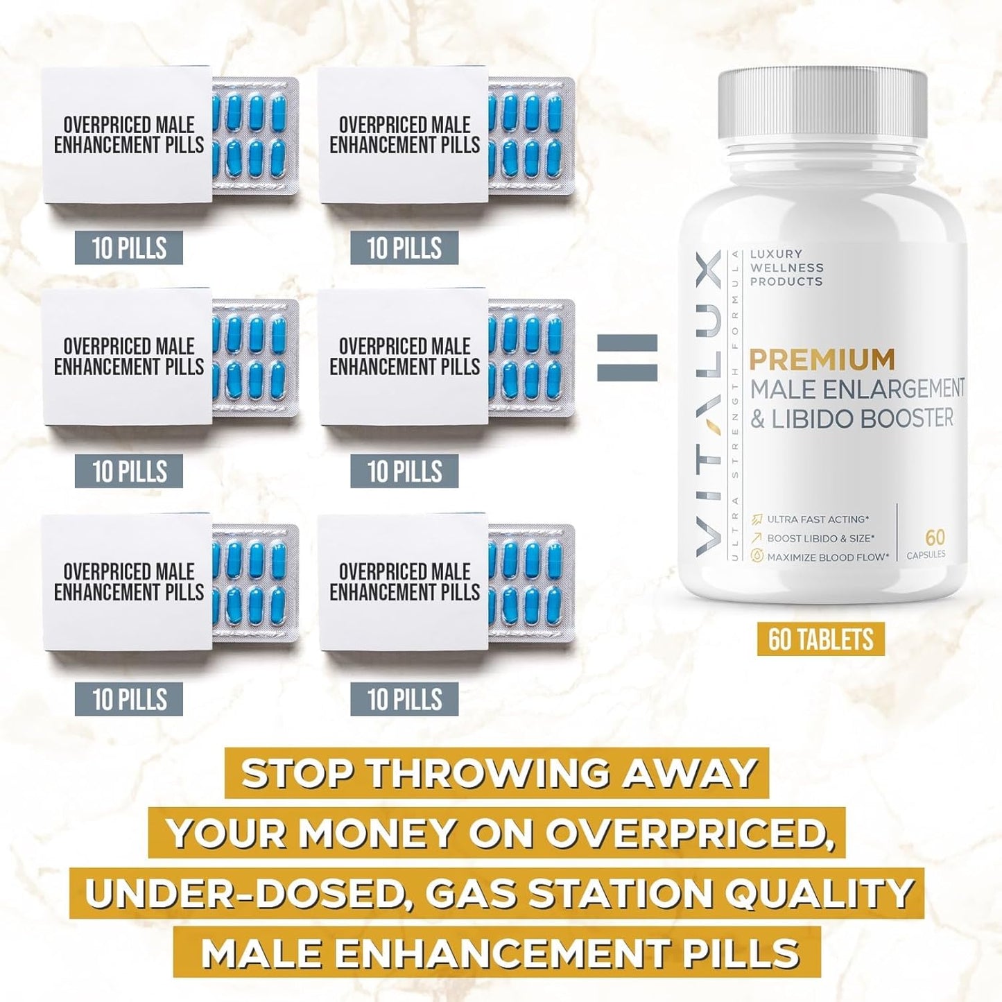 VITALUX Erection Support Supplement | Premium Libido Booster for Men | Fast-Acting Blood Flow & Size Enhancer | L-Arginine + 18 Ingredients | 60 Pills | USA Made