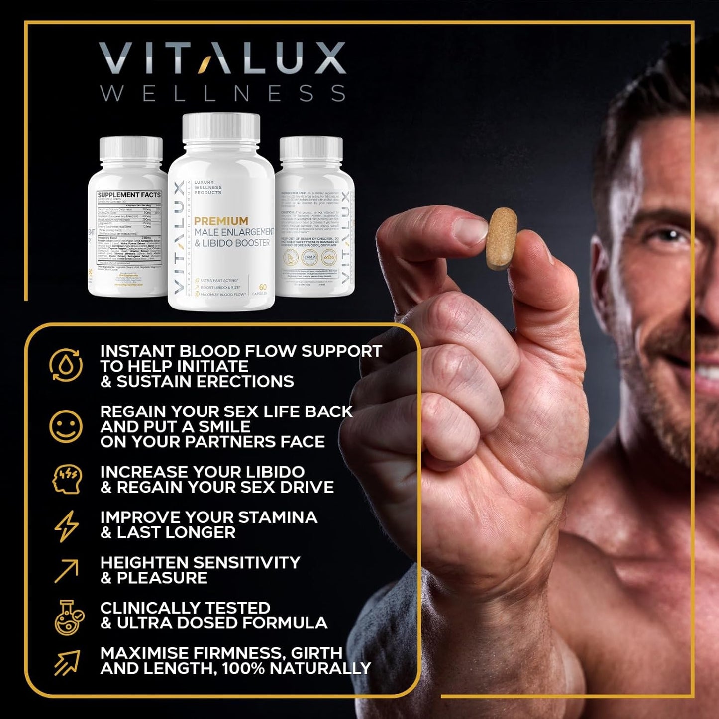 VITALUX Erection Support Supplement | Premium Libido Booster for Men | Fast-Acting Blood Flow & Size Enhancer | L-Arginine + 18 Ingredients | 60 Pills | USA Made