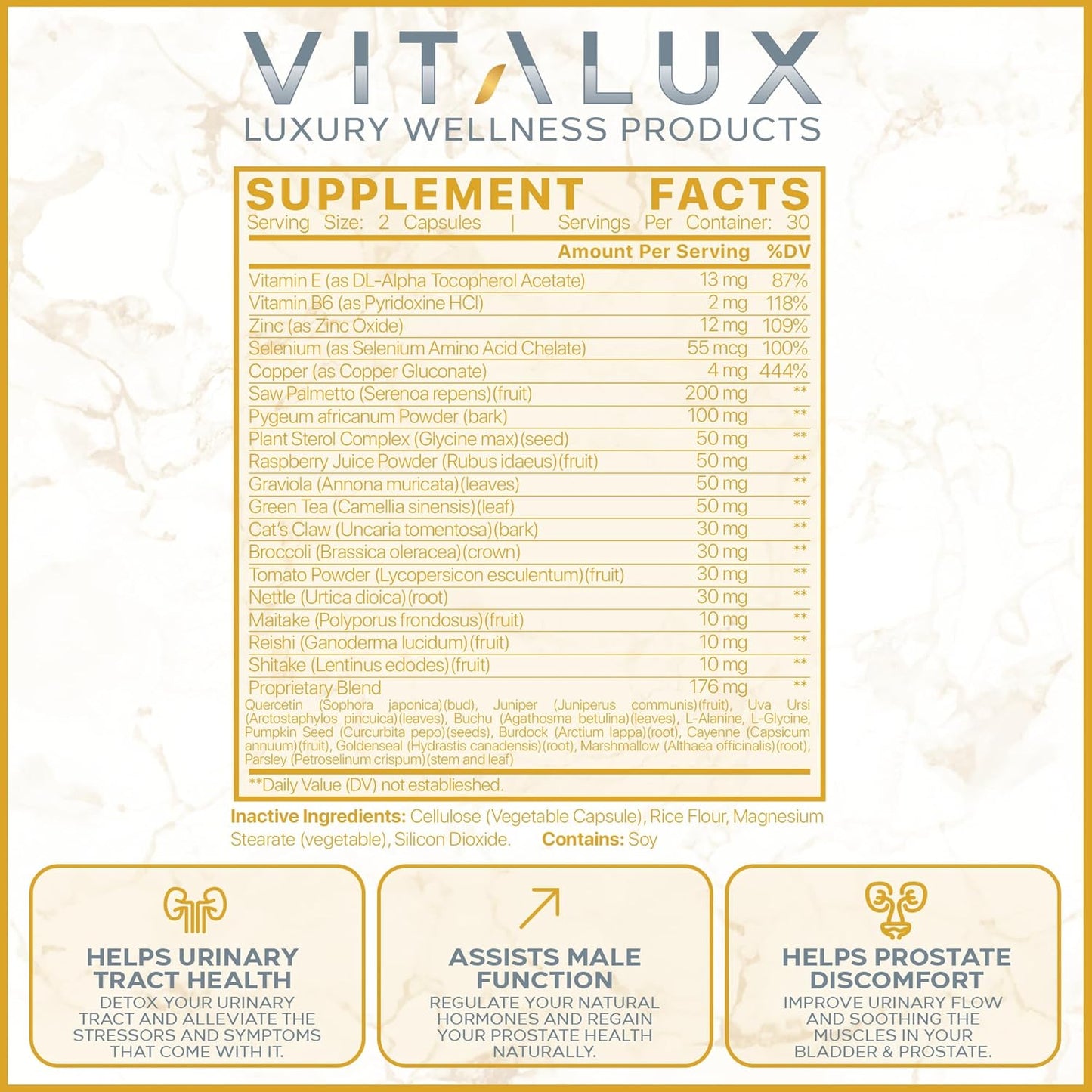 VITALUX Prostate Support Supplement - Premium Formula with 30 Ingredients | Promotes Urinary Tract Health & Function - 60 Capsules