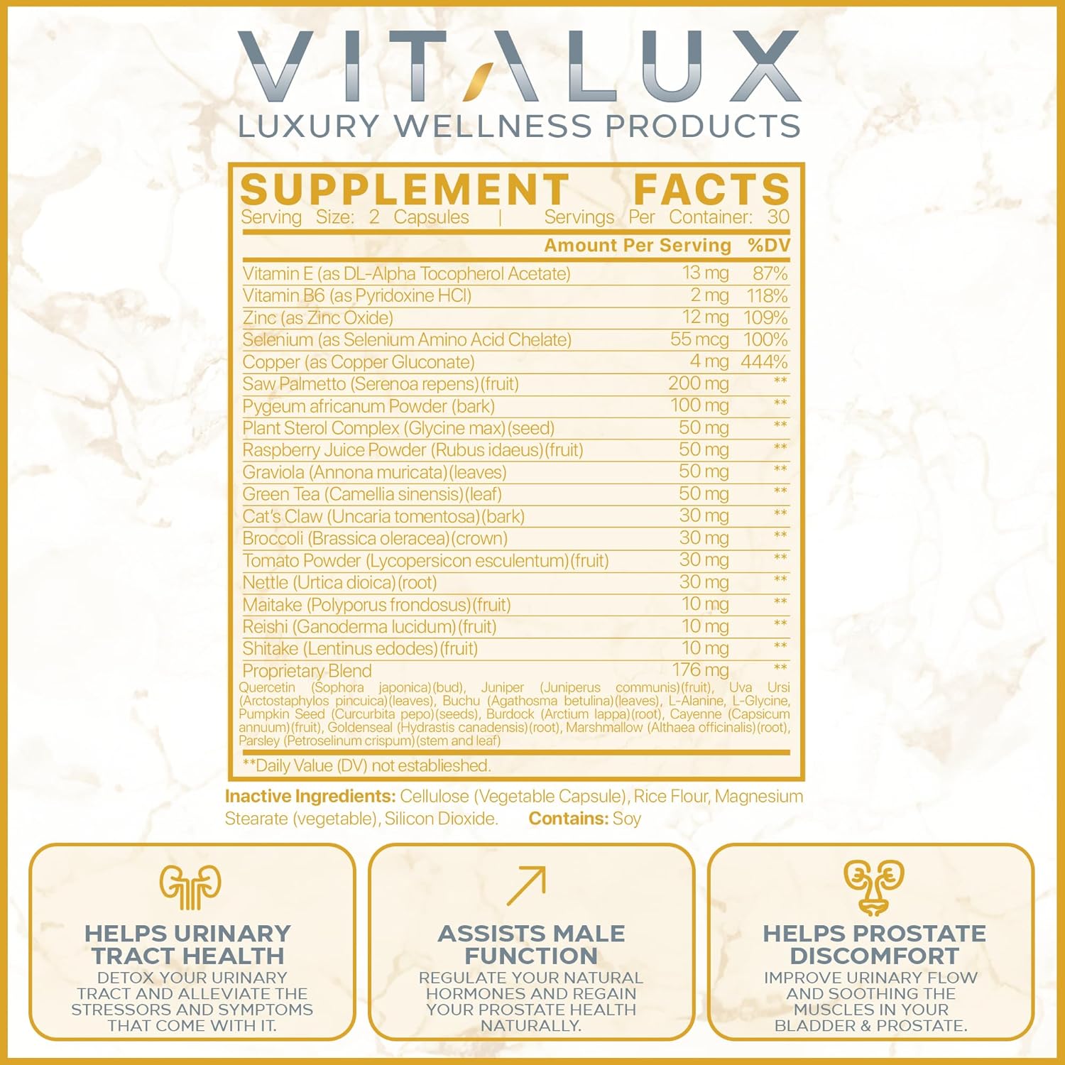 VITALUX Prostate Support Supplement - Premium Formula with 30 Ingredients | Promotes Urinary Tract Health & Function - 60 Capsules