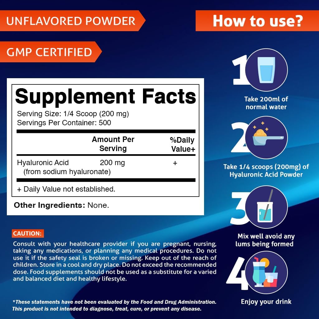 Vitamatic 200mg Hyaluronic Acid Powder - Supports Connective Tissue & Joints - Promotes Youthful Skin - 100g