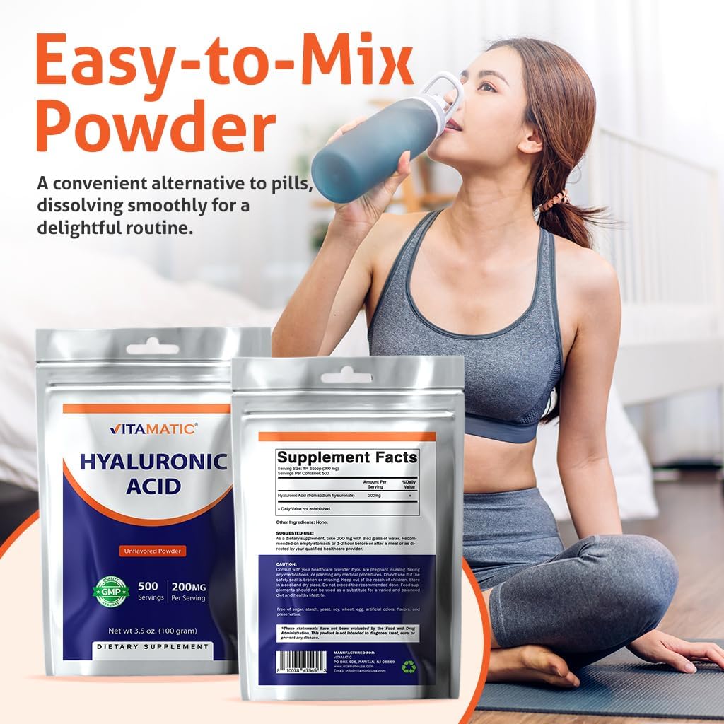 Vitamatic 200mg Hyaluronic Acid Powder - Supports Connective Tissue & Joints - Promotes Youthful Skin - 100g