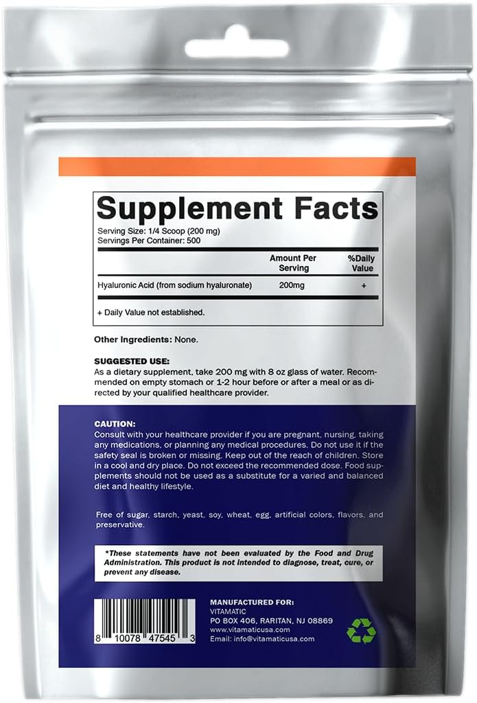 Vitamatic 200mg Hyaluronic Acid Powder - Supports Connective Tissue & Joints - Promotes Youthful Skin - 100g