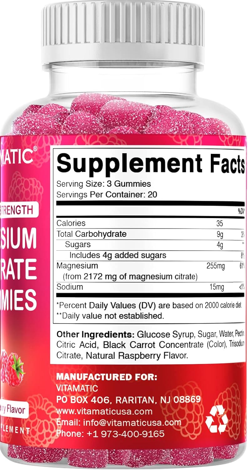 Vitamatic Extra Strength Magnesium Gummies - 255mg per Serving - Vegan & Promotes Relaxation, Muscle, Bone, Energy Support