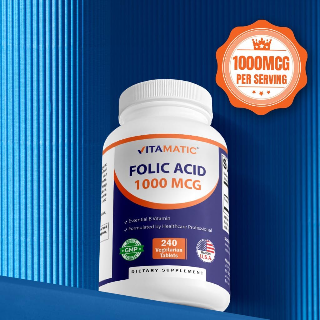 Vitamatic Folic Acid 1000 mcg Vegetarian Tablets - High Potency 240 Count Pack - Vitamin B9 Supplement