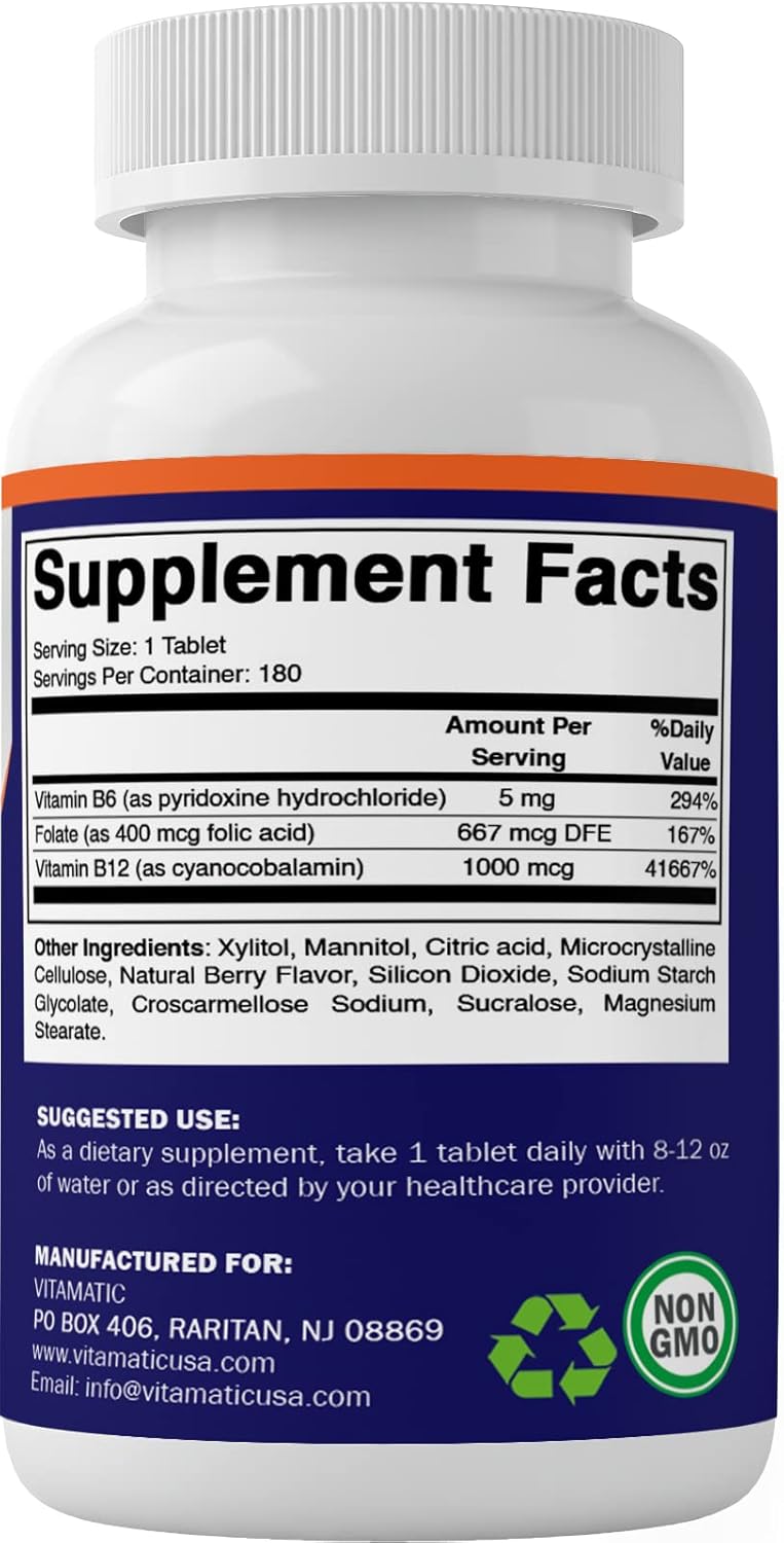 Vitamatic Folic Acid B12 B6 Tablets - Supports Heart Health, Energy, & Red Blood Cells - 180 Fast Dissolve Tablets