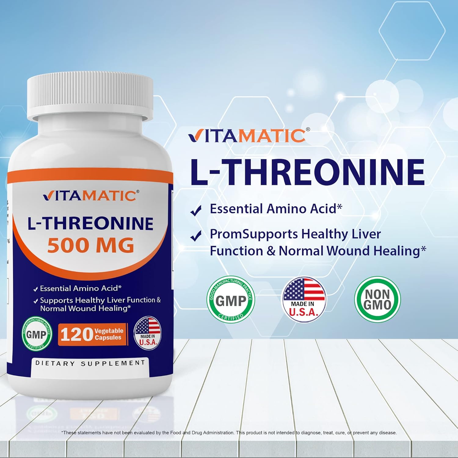 Vitamatic L-Threonine Capsules - Supports Liver, Cardiovascular, & Structural Health - 500mg, 120 Veggies