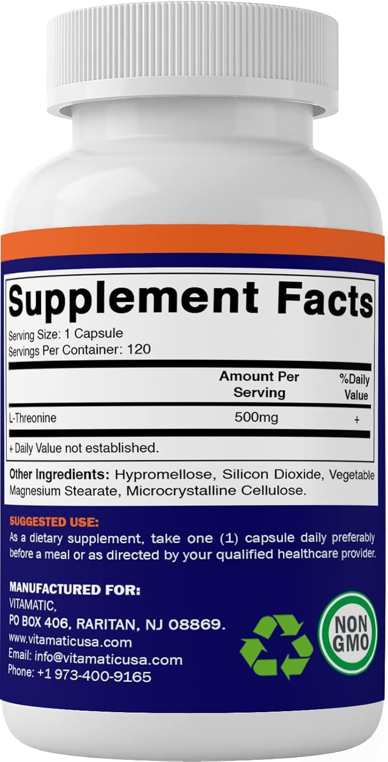 Vitamatic L-Threonine Capsules - Supports Liver, Cardiovascular, & Structural Health - 500mg, 120 Veggies