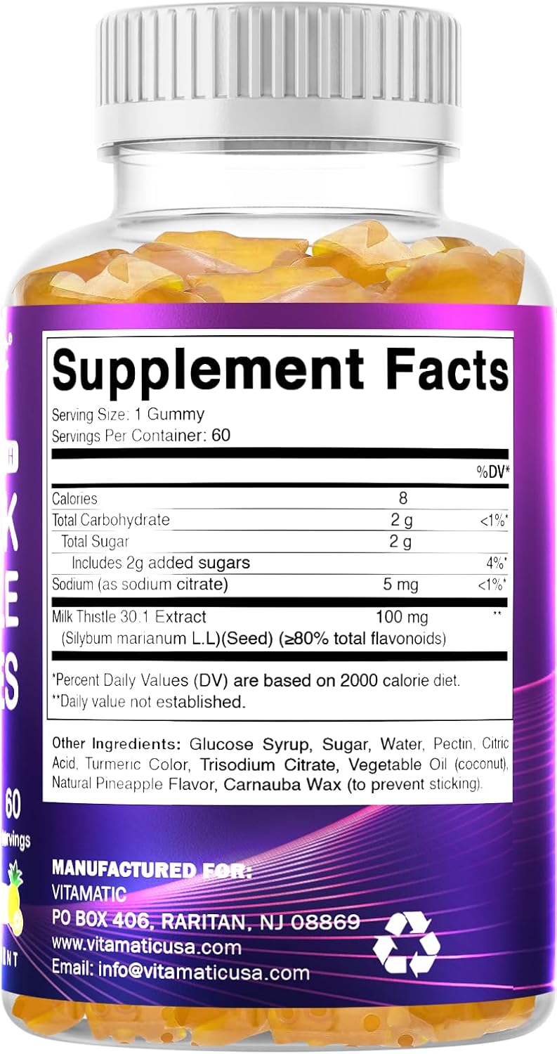 Vitamatic Milk Thistle Gummies 2 Pack - Liver Detox & Antioxidant Support - 30X Extract 100mg - 60 Pectin Gummies
