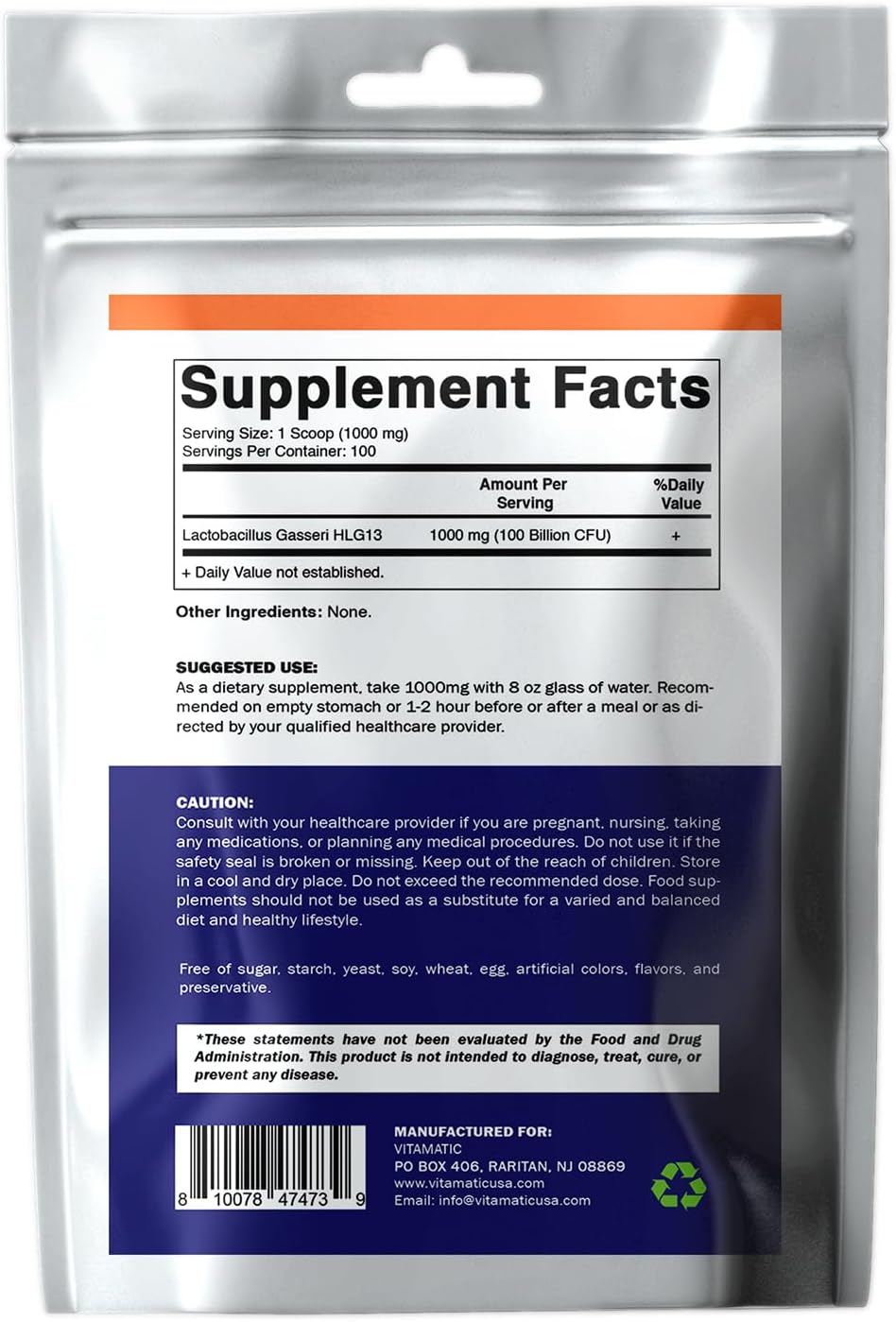 Vitamatic Probiotic Powder for Digestive Health - Lactobacillus Gasseri - 100g (3.5oz) - 100 Servings