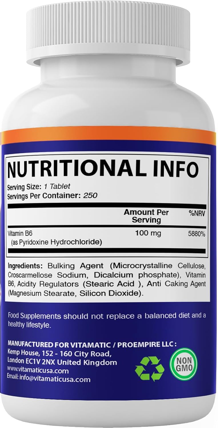 Vitamatic Vitamin B6 100mg - Vegetarian Tablets for Energy, Metabolism, and Immune Health Boost