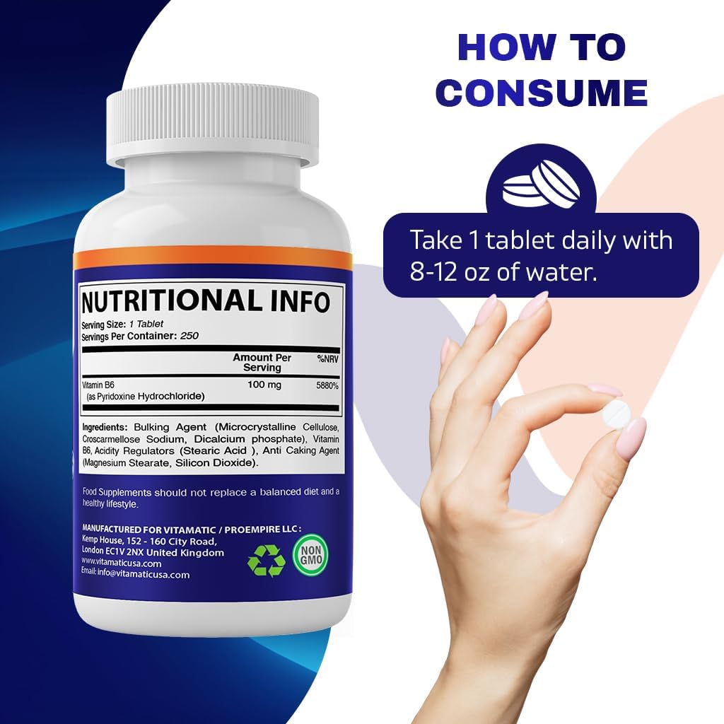 Vitamatic Vitamin B6 100mg - Vegetarian Tablets for Energy, Metabolism, and Immune Health Boost