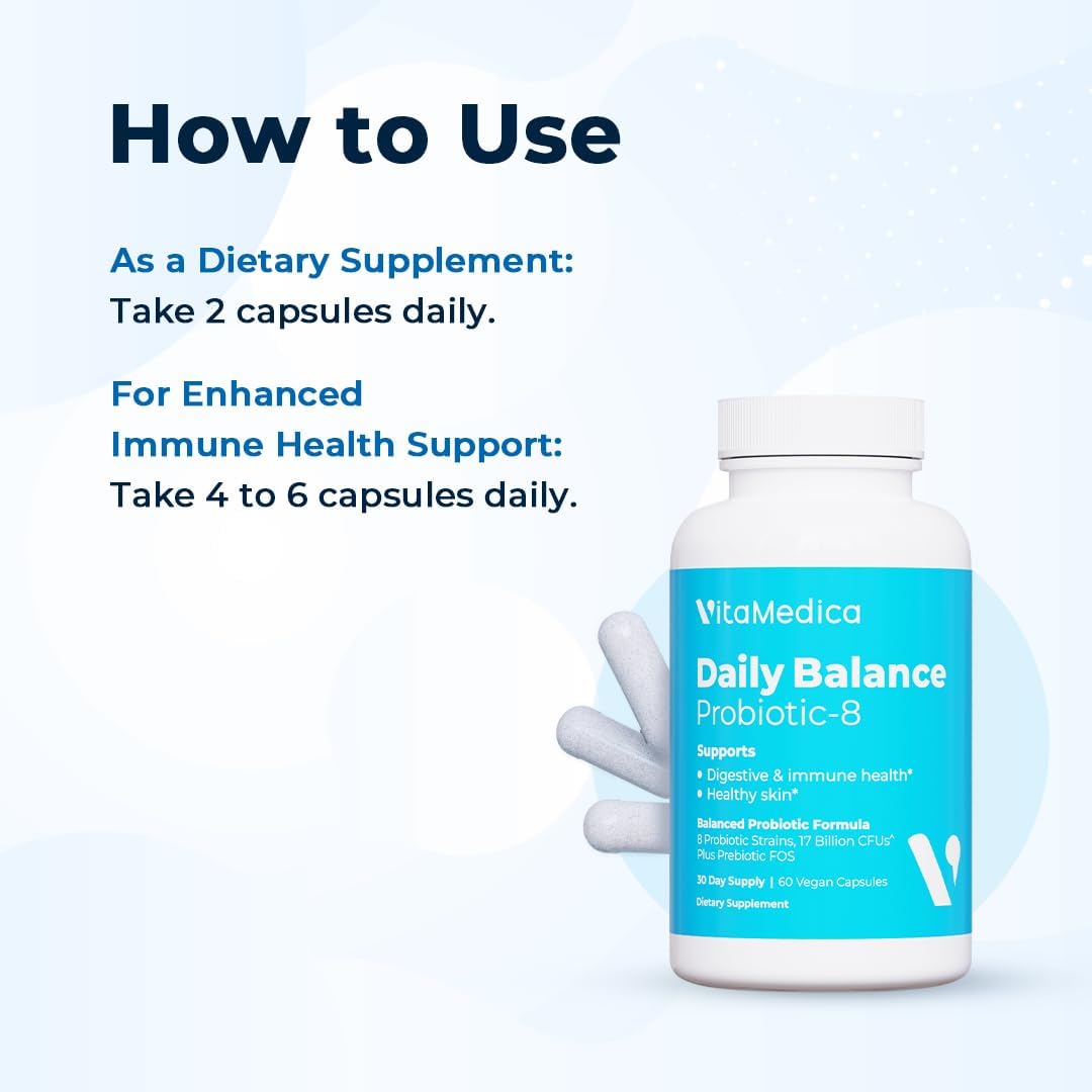 VitaMedica Daily Balance Probiotic-8 Supplement for Gut Health - 16 Billion CFUs, Digestive and Immune Support - Vegan, 60 Count