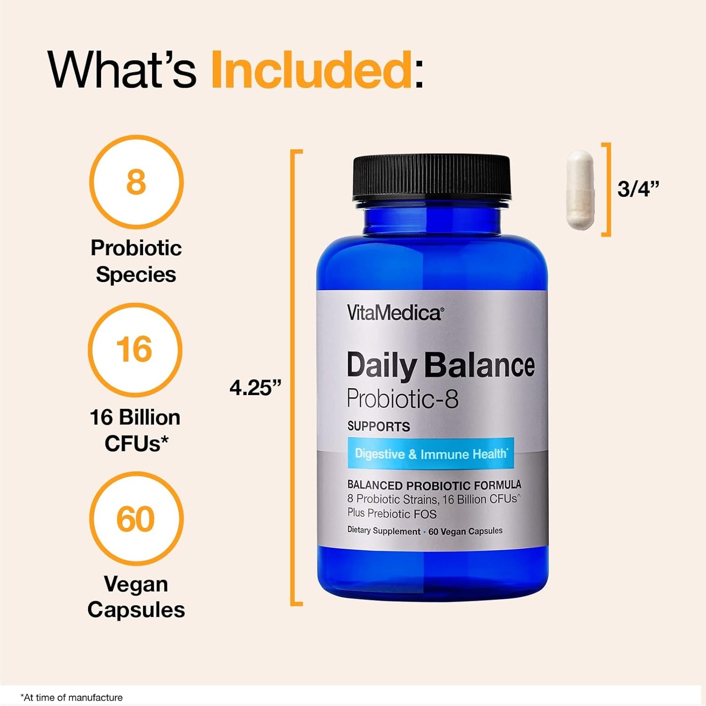 VitaMedica Daily Balance Probiotic-8 Supplement for Gut Health - 16 Billion CFUs, Digestive and Immune Support - Vegan, 60 Count