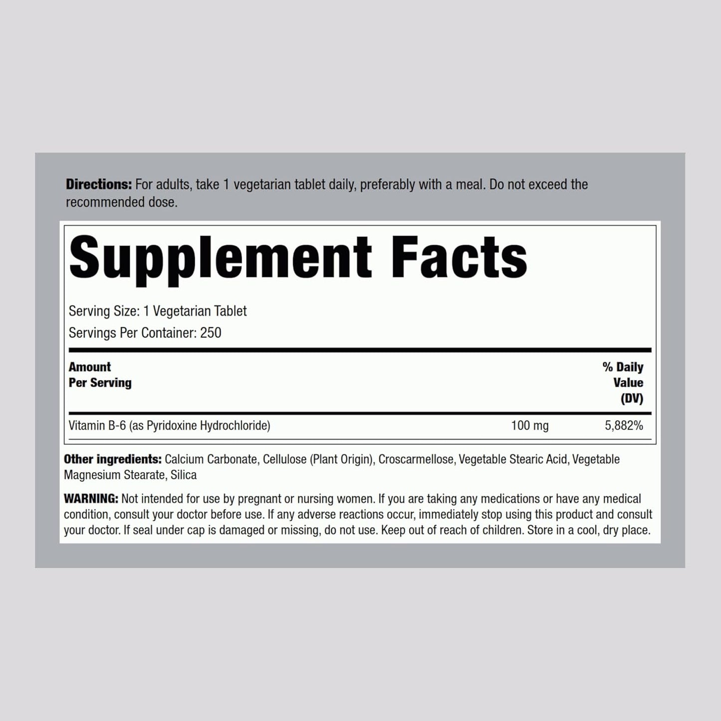 Vitamin B-6 100mg Supplement Tablets | 250 Count | Pyridoxine Hydrochloride | Non-GMO & Vegetarian