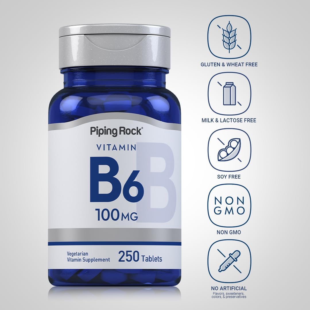 Vitamin B-6 100mg Supplement Tablets | 250 Count | Pyridoxine Hydrochloride | Non-GMO & Vegetarian