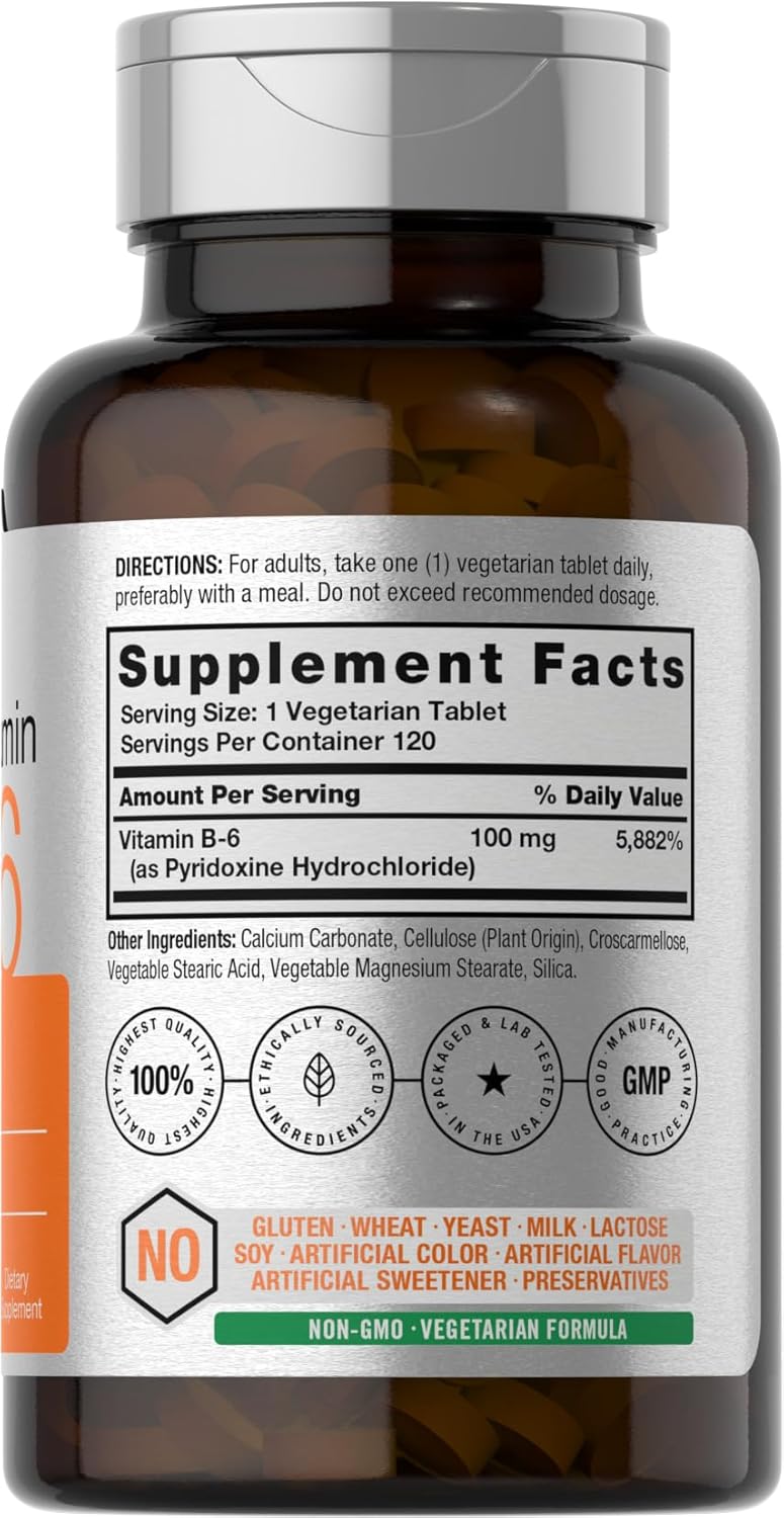 Vitamin B-6 100mg Tablets | 120 Vegetarian | Pyridoxine HCl | Non-GMO & Gluten Free