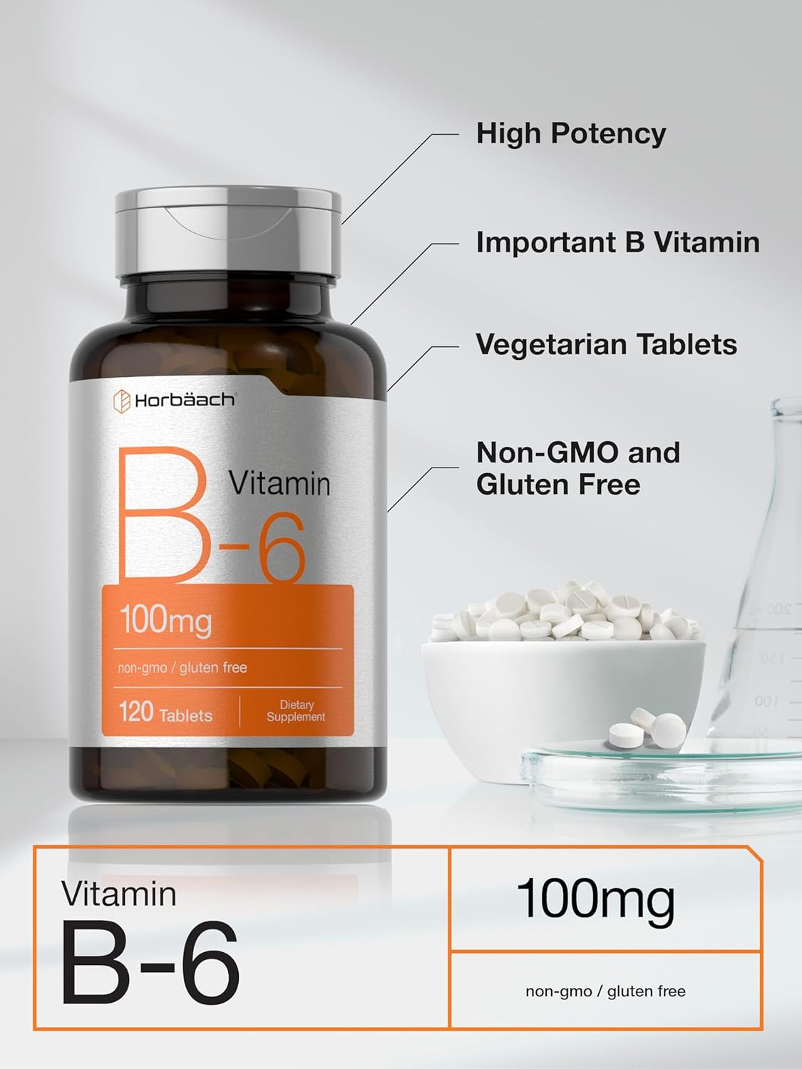 Vitamin B-6 100mg Tablets | 120 Vegetarian | Pyridoxine HCl | Non-GMO & Gluten Free