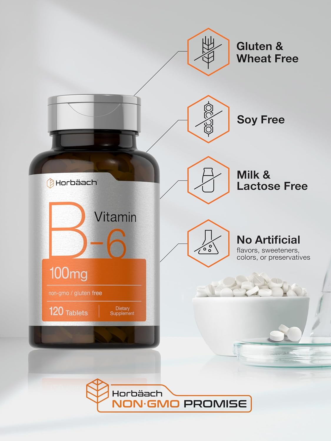 Vitamin B-6 100mg Tablets | 120 Vegetarian | Pyridoxine HCl | Non-GMO & Gluten Free