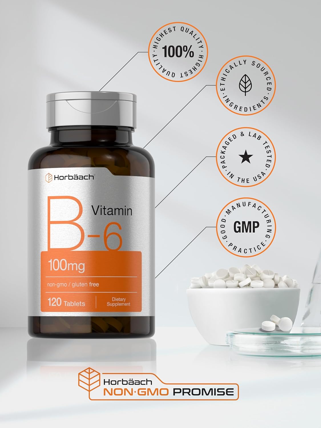 Vitamin B-6 100mg Tablets | 120 Vegetarian | Pyridoxine HCl | Non-GMO & Gluten Free